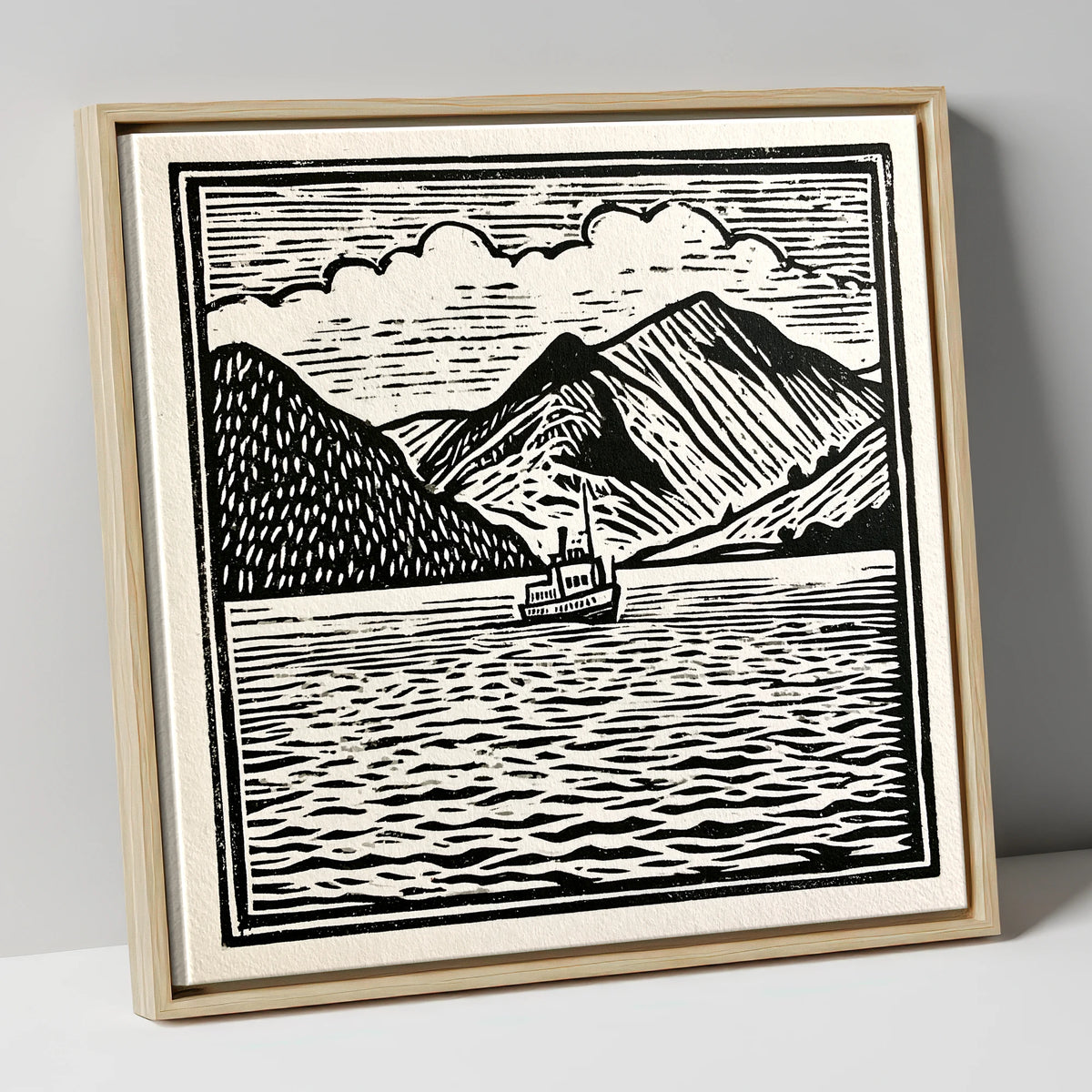 Bold Monochrome Ullswater Steamer lake district lake canvas wall art in natural frame