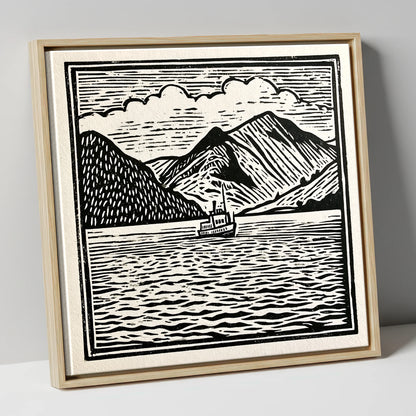 Bold Monochrome Ullswater Steamer lake district lake canvas wall art in natural frame