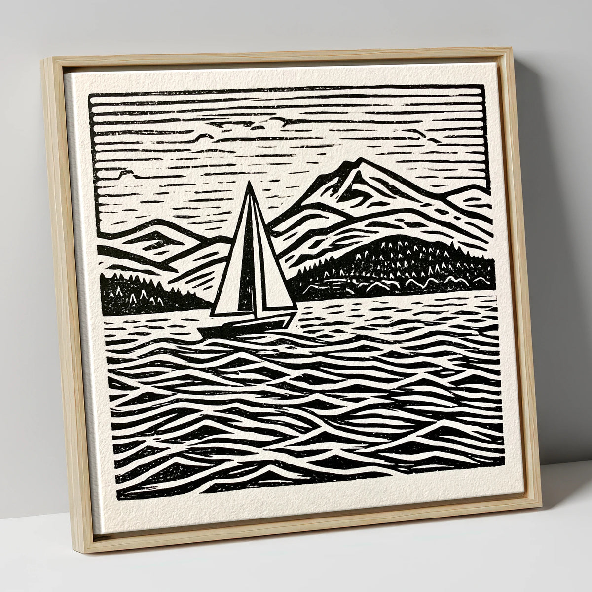 Monochrome Windermere Sailboat and Fells lake district lake canvas wall art in natural frame