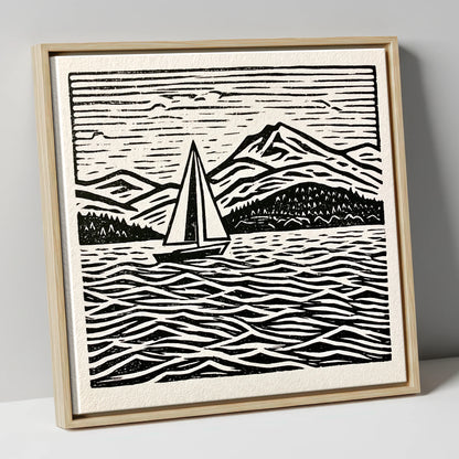 Monochrome Windermere Sailboat and Fells lake district lake canvas wall art in natural frame