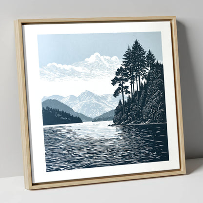 Windermere Shoreline in Deep Navy lake district lake canvas wall art in natural frame