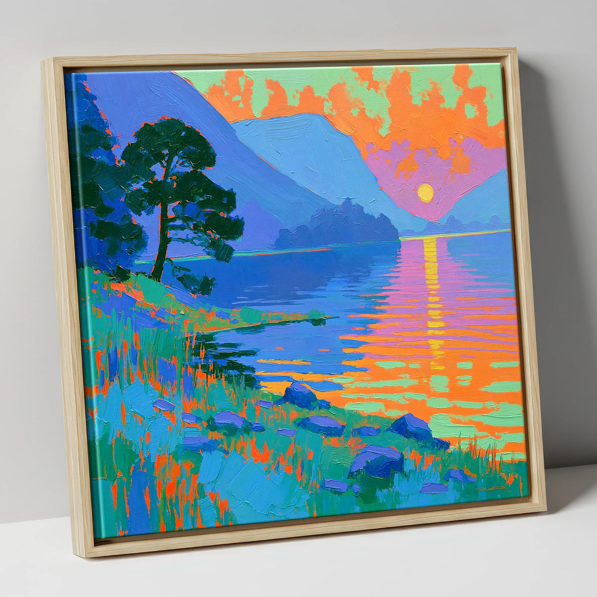Bold Sunset Over The Lake lake district lake canvas wall art in natural frame