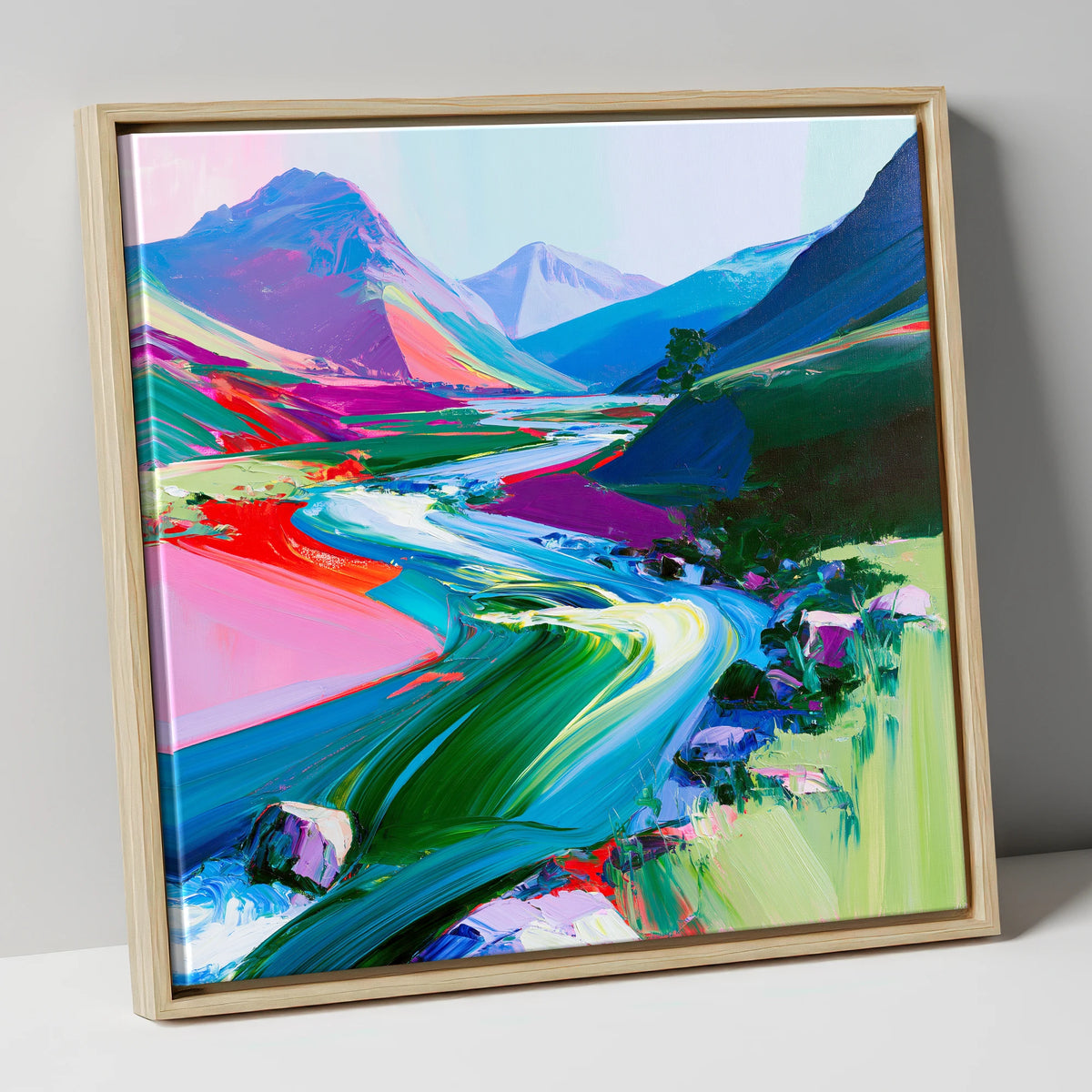 Colourful Rushing Fellside Beck lake district waterfall canvas wall art in natural frame