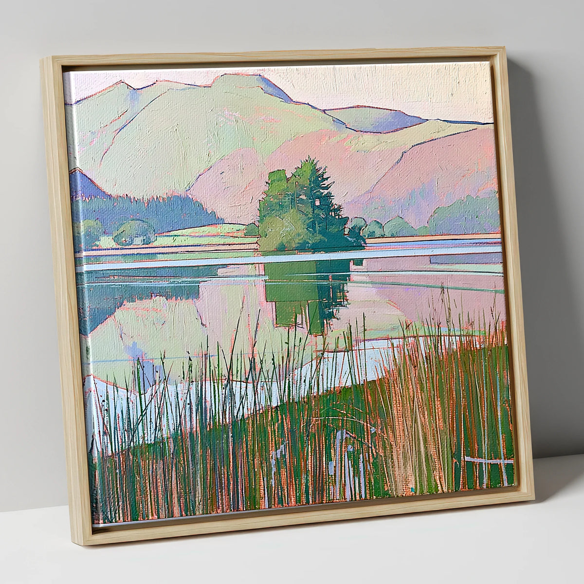 Grasmere Island Through Tall Reeds lake district lake canvas wall art in natural frame