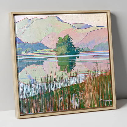 Grasmere Island Through Tall Reeds lake district lake canvas wall art in natural frame