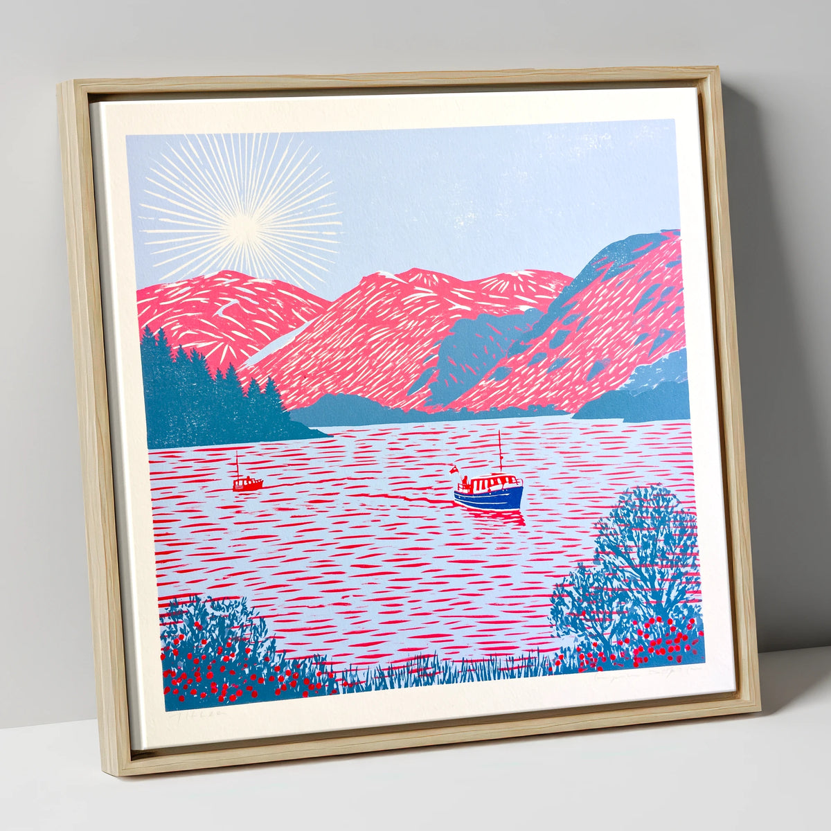 Ullswater Beneath Vibrant Pink Fells lake district lake canvas wall art in natural frame