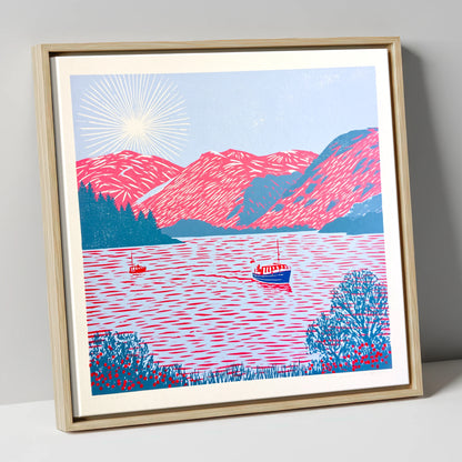 Ullswater Beneath Vibrant Pink Fells lake district lake canvas wall art in natural frame