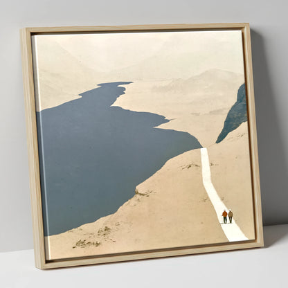 Walkers on a White Mountain Path lake district walking canvas wall art in natural frame