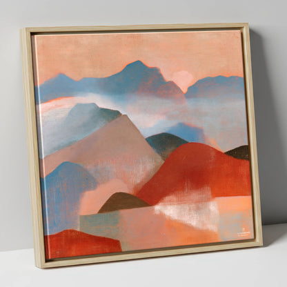 Terracotta and Blue Mountain Ridge lake district fell canvas wall art in natural frame