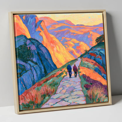 Walkers on an Amber Mountain Path lake district walking canvas wall art in natural frame