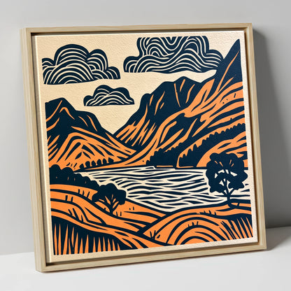 Buttermere Valley in Navy and Terracotta lake district lake canvas wall art in natural frame