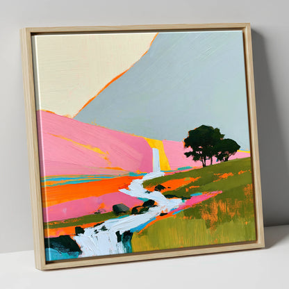 Bright Pink Fellside Beck lake district waterfall canvas wall art in natural frame
