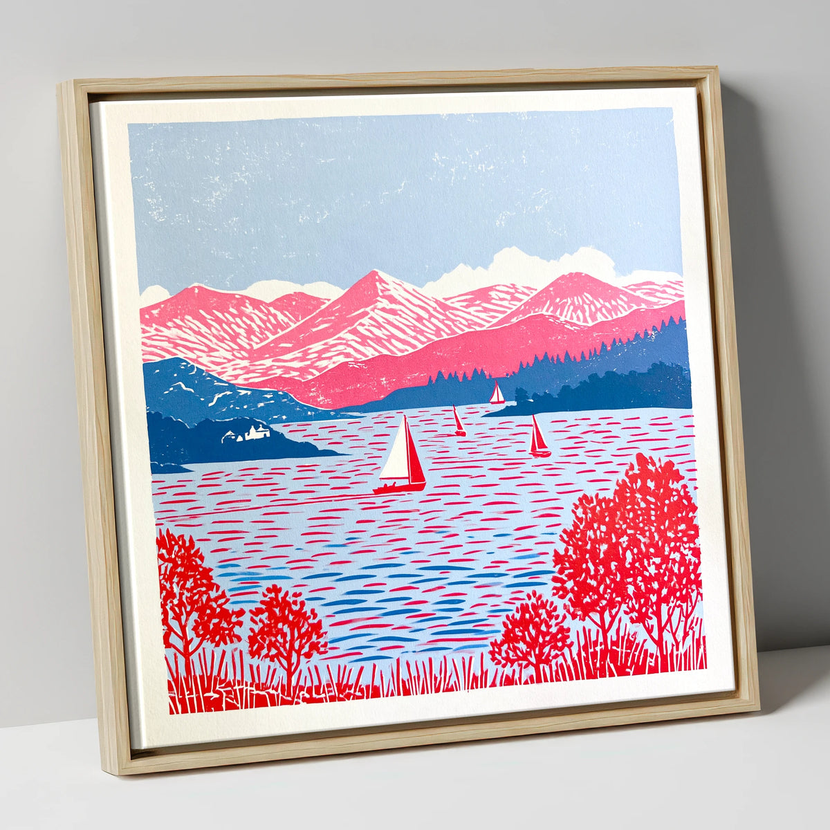 Pink Fells Over Coniston Water lake district lake canvas wall art in natural frame