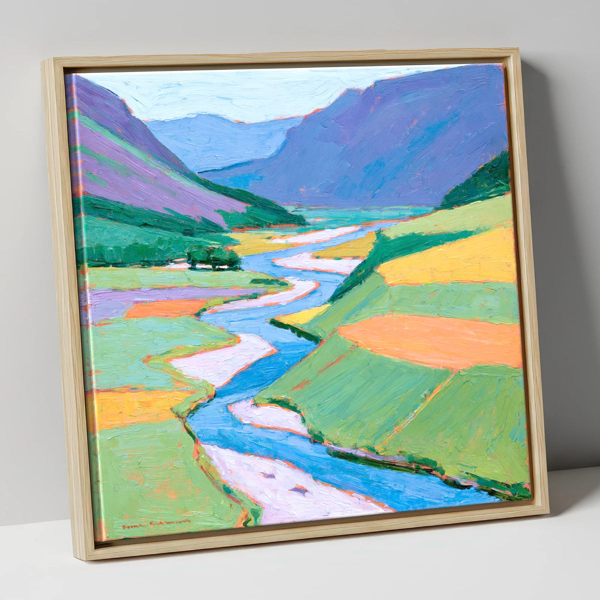 Vibrant Winding River Valley lake district waterfall canvas wall art in natural frame