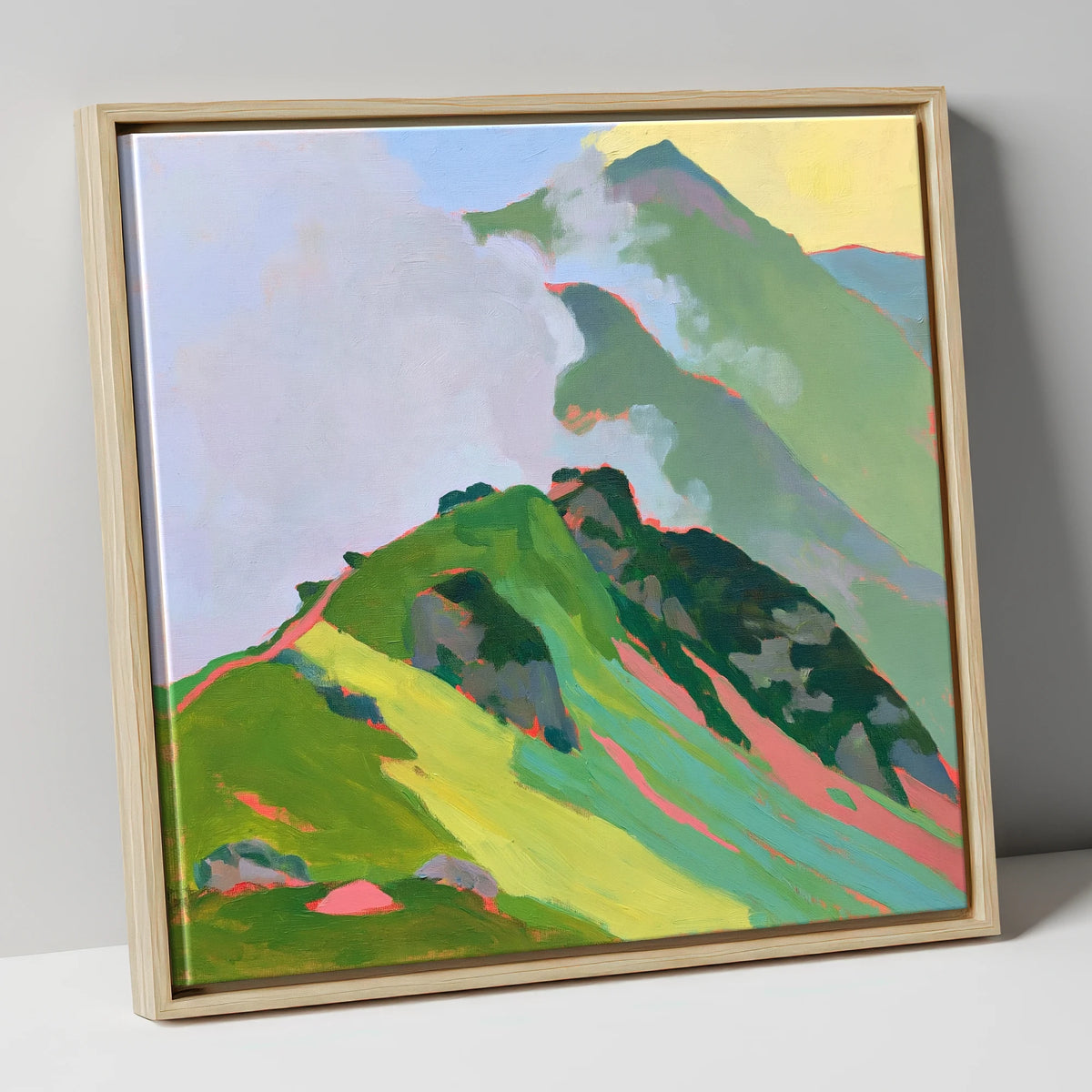 Vibrant Mountain Ridge in Mist lake district fell canvas wall art in natural frame