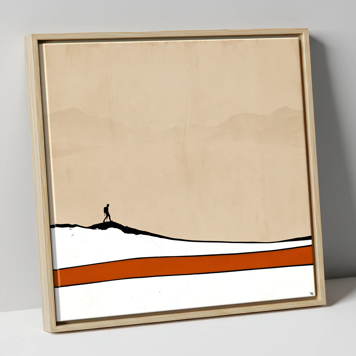 Hiker Silhouette against Distant Fells lake district walking canvas wall art in natural frame