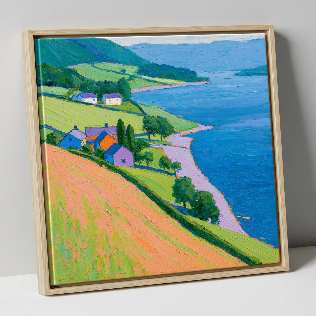Colourful Lakeside Village lake district village canvas wall art in natural frame