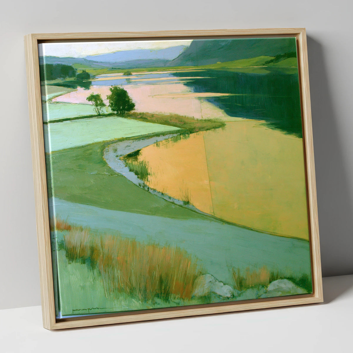 Lake and Golden Valley Fields lake district lake canvas wall art in natural frame