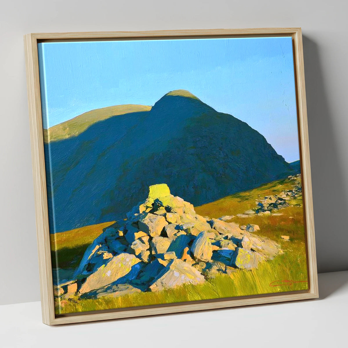 Sunlit Cairn Below Brandreth Peak lake district fell canvas wall art in natural frame