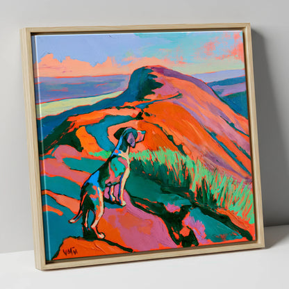 Vibrant Dog on Helvellyn Summit gifts for dog walkers canvas wall art in natural frame