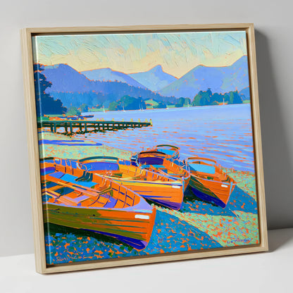 Vibrant Rowing Boats on Windermere lake district lake canvas wall art in natural frame