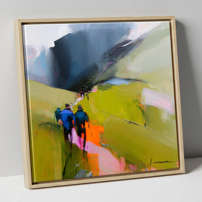 Walkers on Vibrant Fell Path lake district walking canvas wall art in natural frame