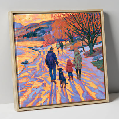 Sunset Dog Walk at Keswick gifts for dog walkers canvas wall art in natural frame