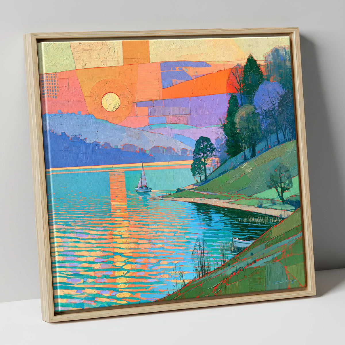 Orange Sunset Over Lakeland Water lake district lake canvas wall art in natural frame