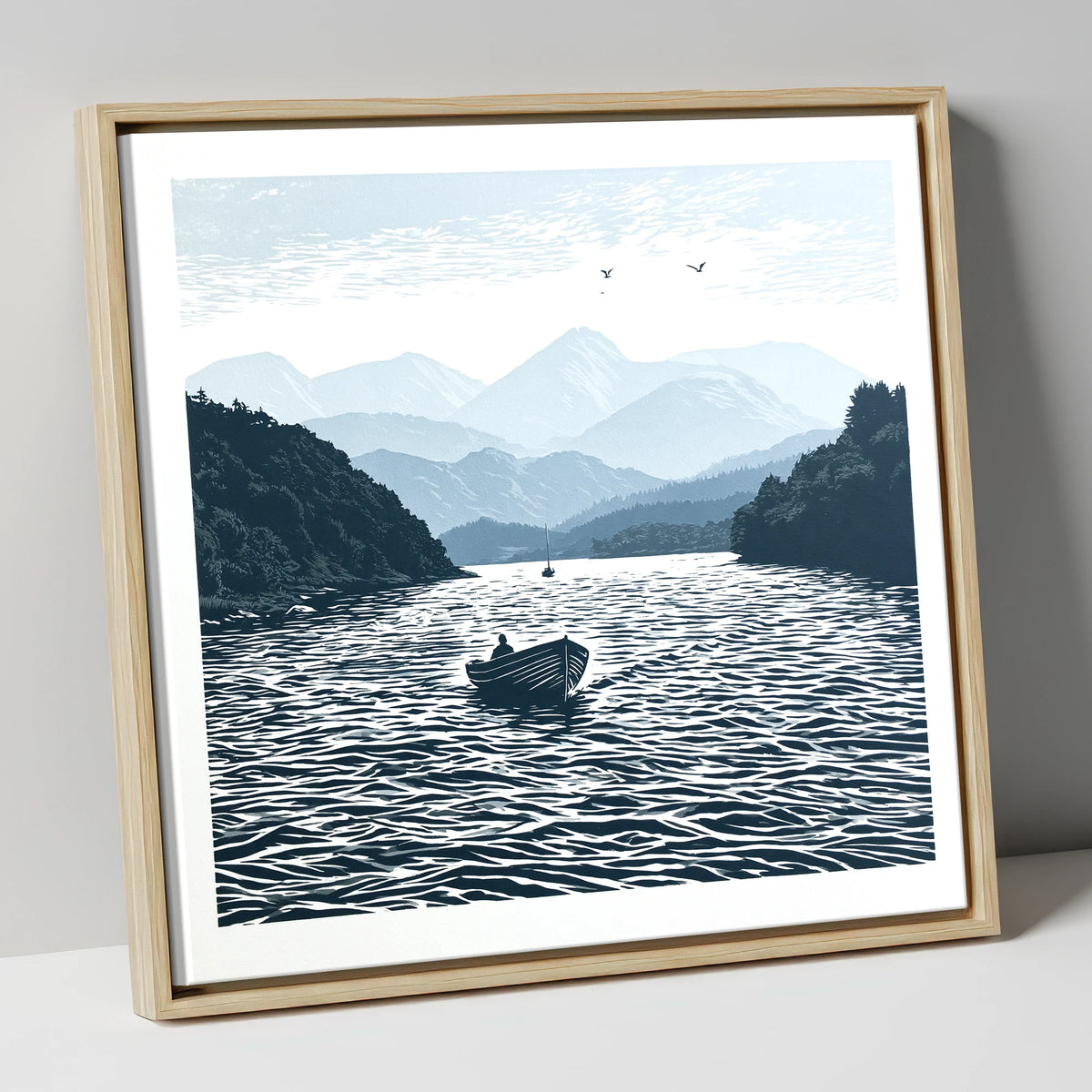 Coniston Water in Deep Navy lake district lake canvas wall art in natural frame