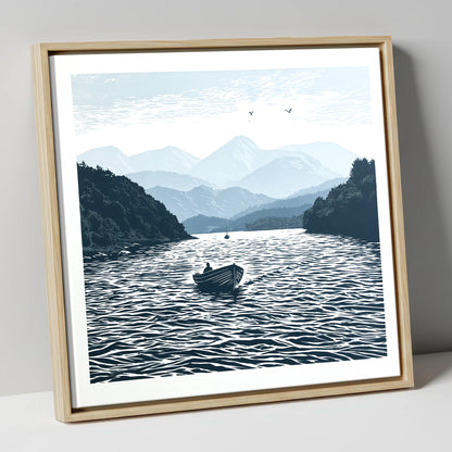 Coniston Water in Deep Navy lake district lake canvas wall art in natural frame