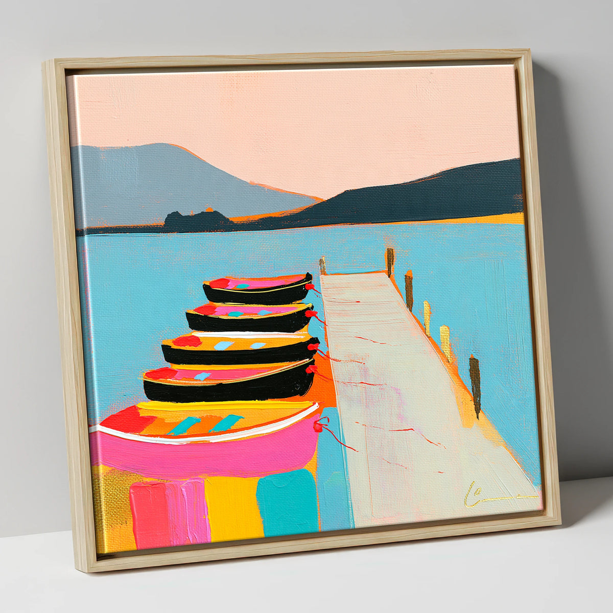 Vibrant Moored Boats on Windermere lake district lake canvas wall art in natural frame