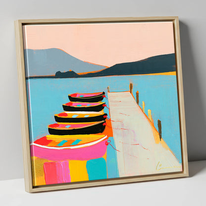 Vibrant Moored Boats on Windermere lake district lake canvas wall art in natural frame