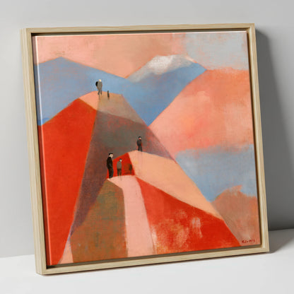 Hikers on Terracotta Fell Top lake district fell canvas wall art in natural frame