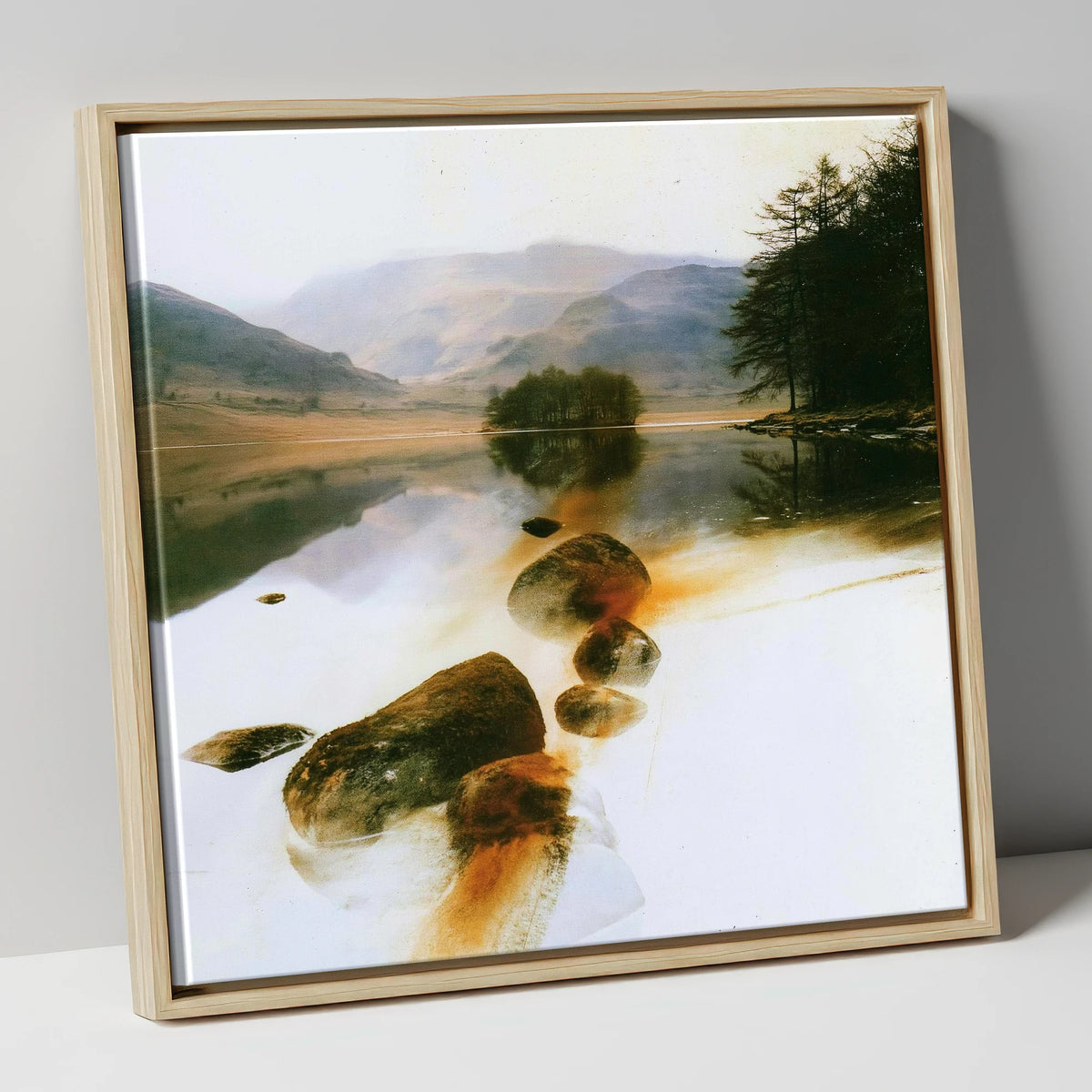 Copper Shallows at Rydal Water lake district lake canvas wall art in natural frame