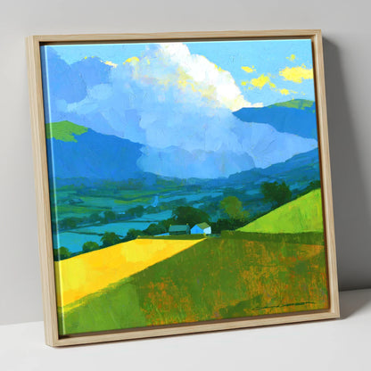 Vibrant Valley Fields and Towering Clouds lake district sky canvas wall art in natural frame