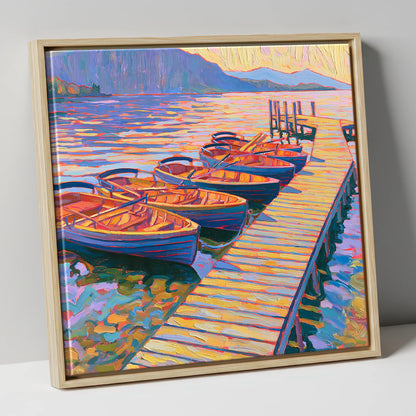Vibrant Windermere Rowing Boats lake district lake canvas wall art in natural frame