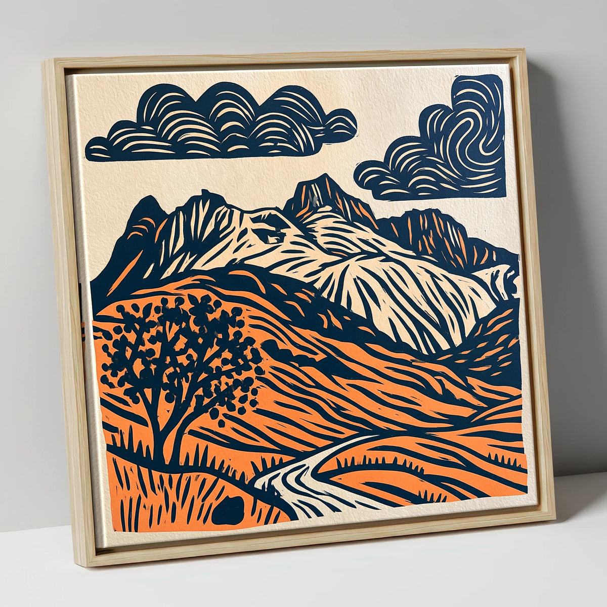 Langdale Pikes in Navy and Orange lake district fell canvas wall art in natural frame