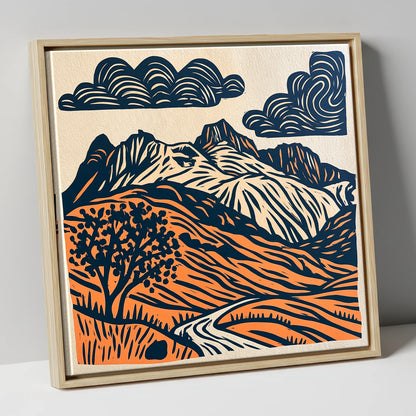Langdale Pikes in Navy and Orange lake district fell canvas wall art in natural frame