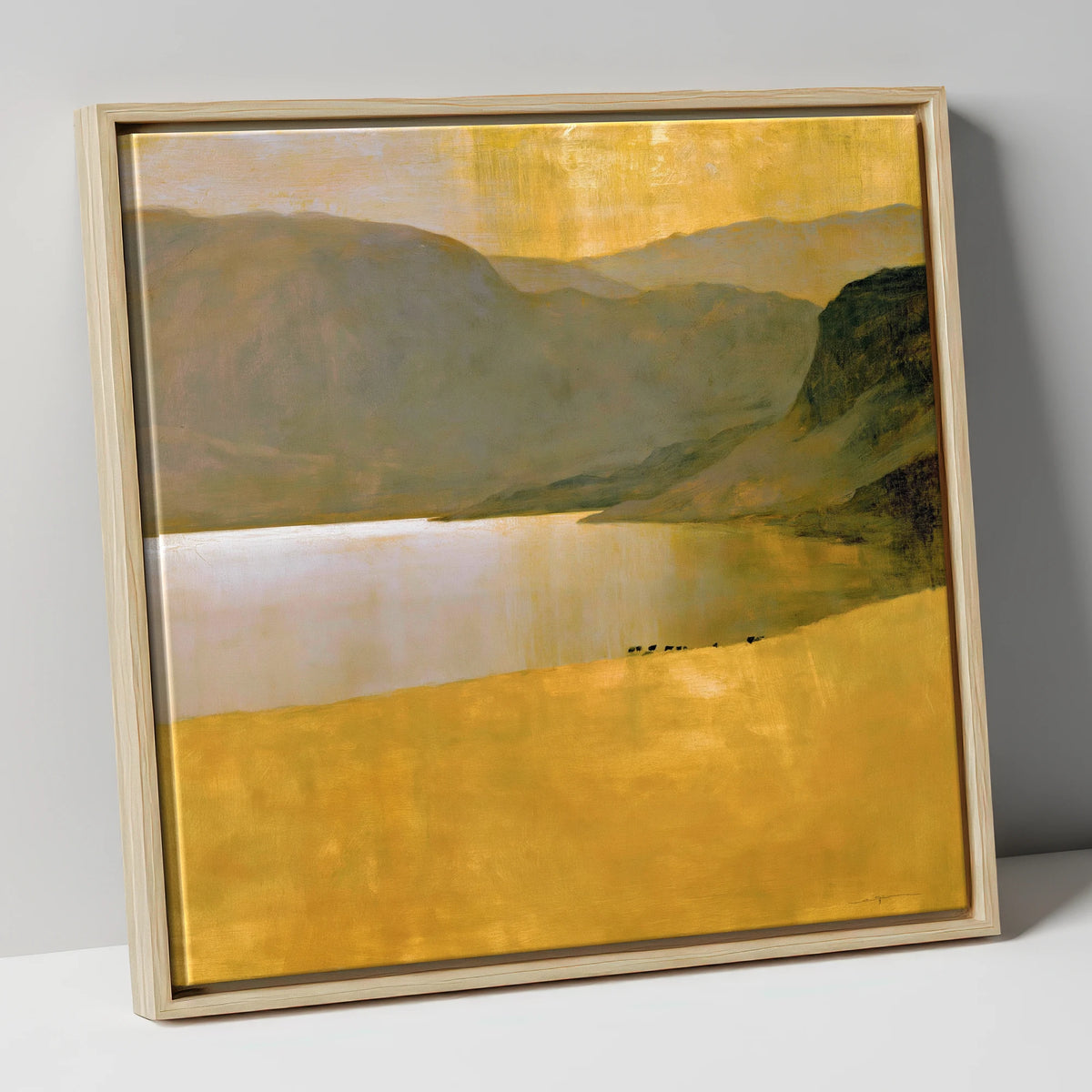 Golden Lake Beneath Dark Fells lake district lake canvas wall art in natural frame