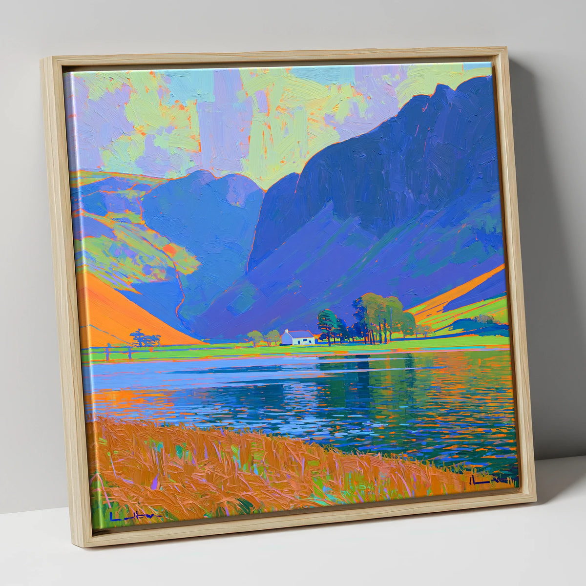Vibrant Buttermere and White Cottage lake district lake canvas wall art in natural frame