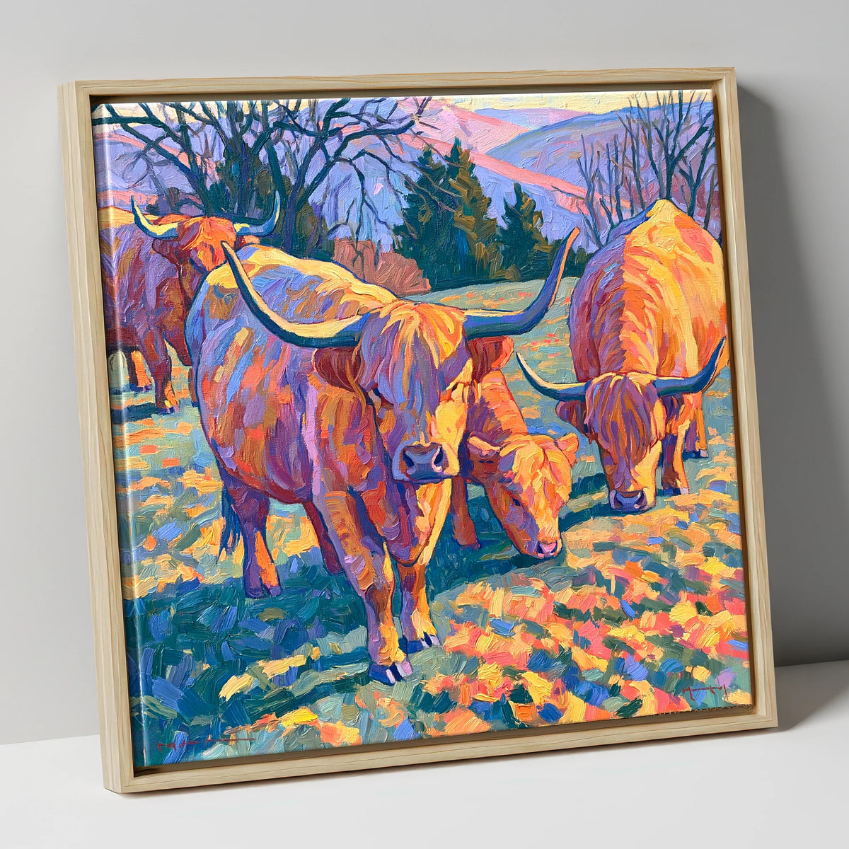 Highland Cattle in Golden Fell Light lake district wildlife canvas wall art in natural frame