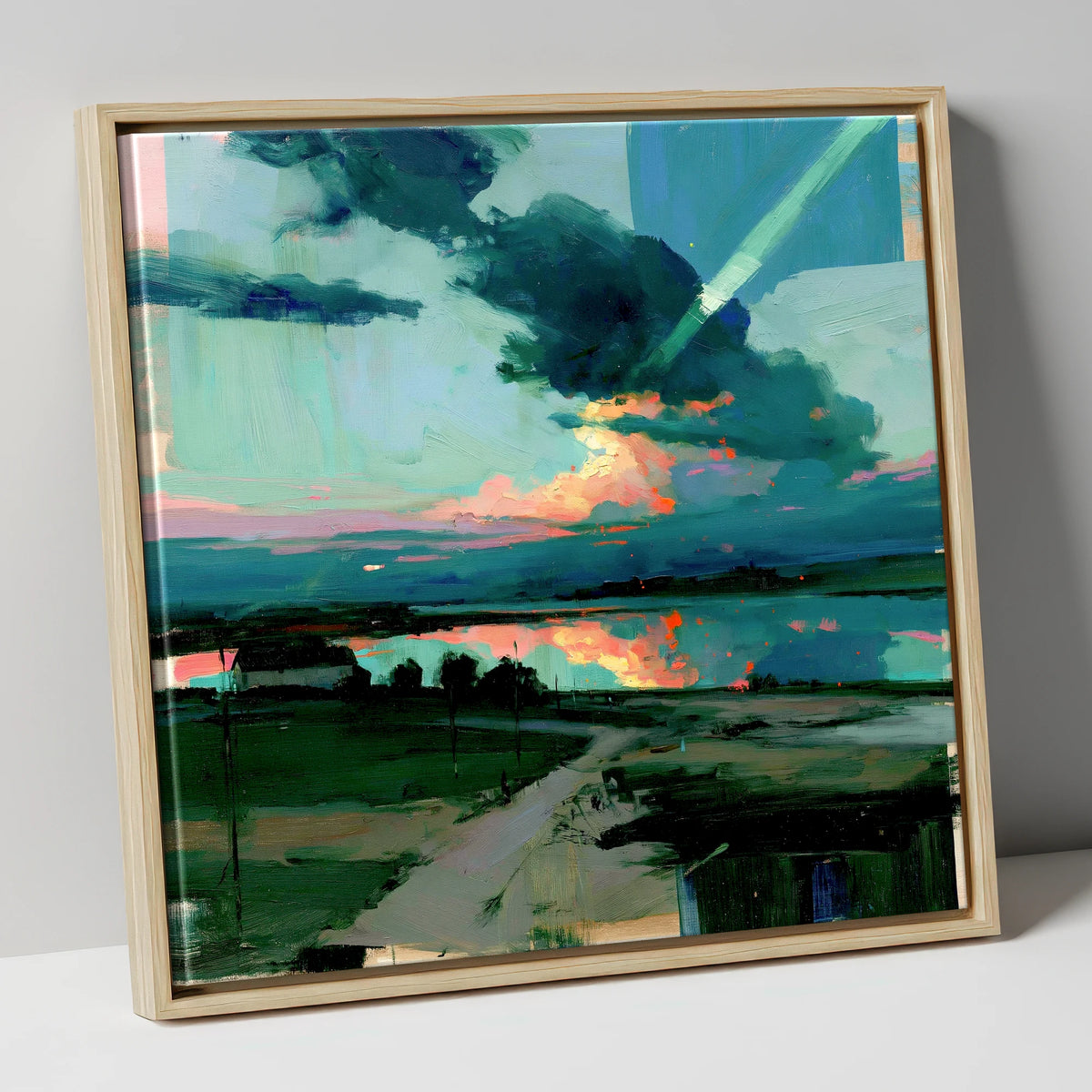 Fiery Sky Over The Lake lake district sky canvas wall art in natural frame