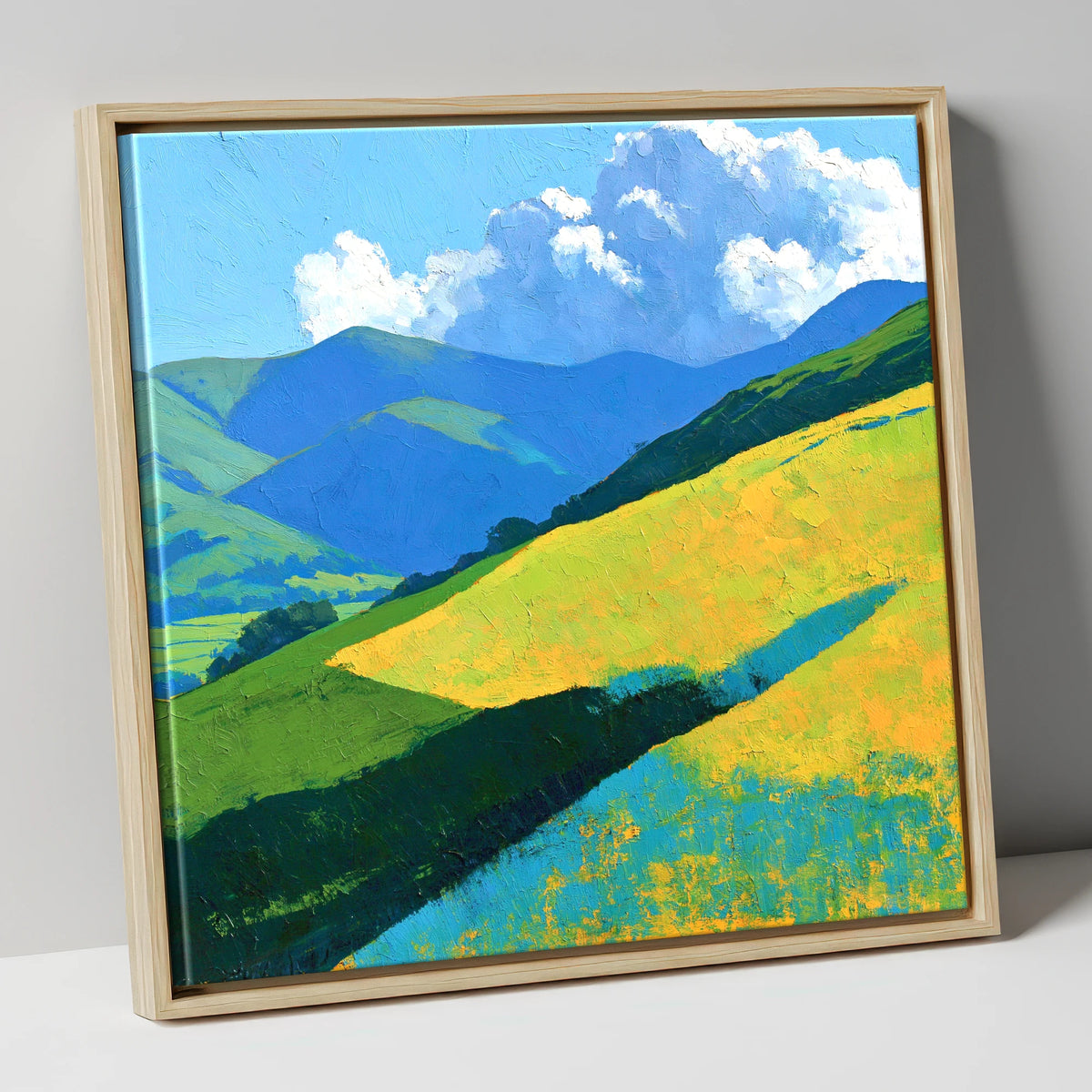 Sunlit Fells in Cerulean and Gold lake district fell canvas wall art in natural frame
