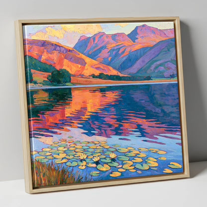 Sunset Reflections on Calm Lake lake district lake canvas wall art in natural frame