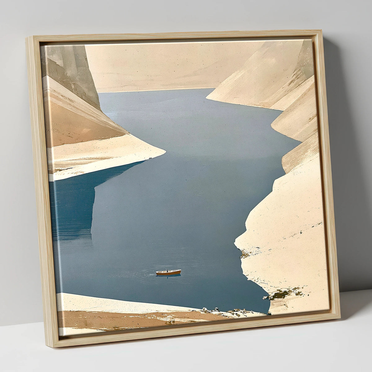 Lone Boat on Deep Blue Lake lake district lake canvas wall art in natural frame
