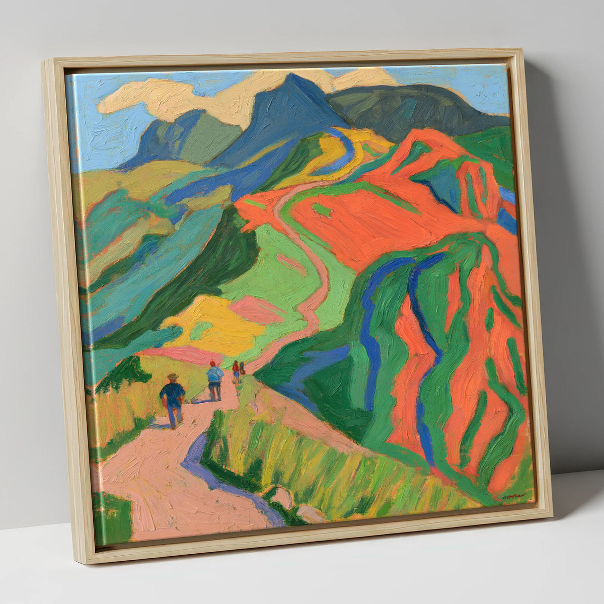 Walkers on a Vivid Fell Path lake district walking canvas wall art in natural frame