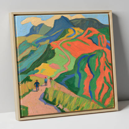 Walkers on a Vivid Fell Path lake district walking canvas wall art in natural frame