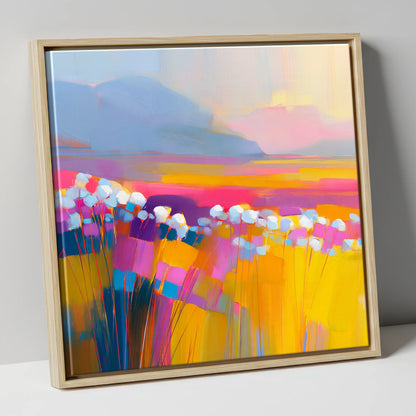 Vibrant Bog Cotton Moorland lake district wildflower canvas wall art in natural frame