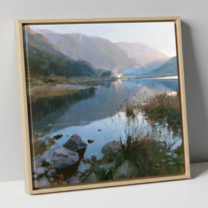 Still Lake Beneath Misty Fells lake district lake canvas wall art in natural frame