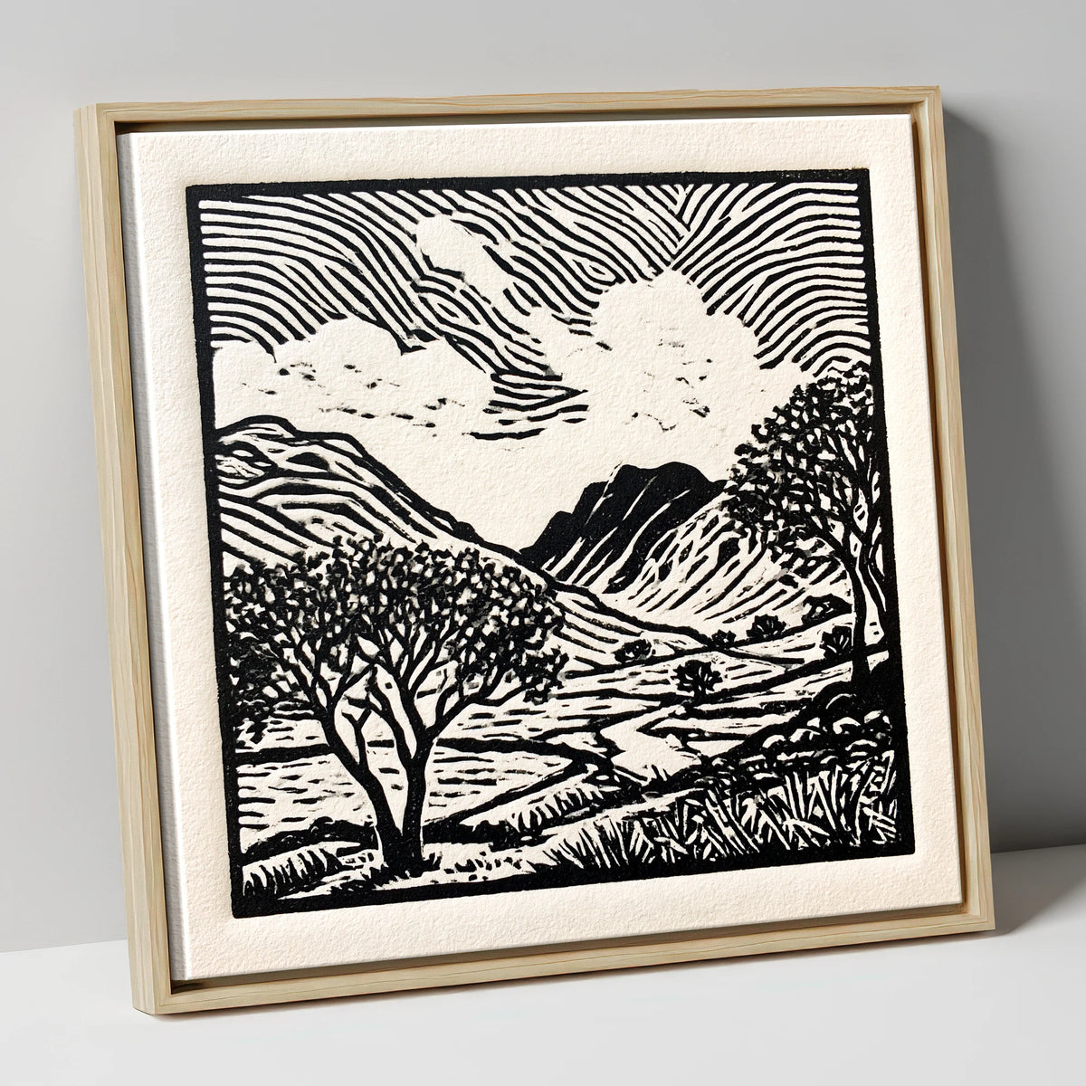 Black and White Eskdale Valley lake district valley canvas wall art in natural frame